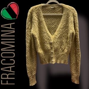 Fracomina Italy Fuzzy Knit Cardigan, Pearlescent Buttons, Tan/ Cream, EUC